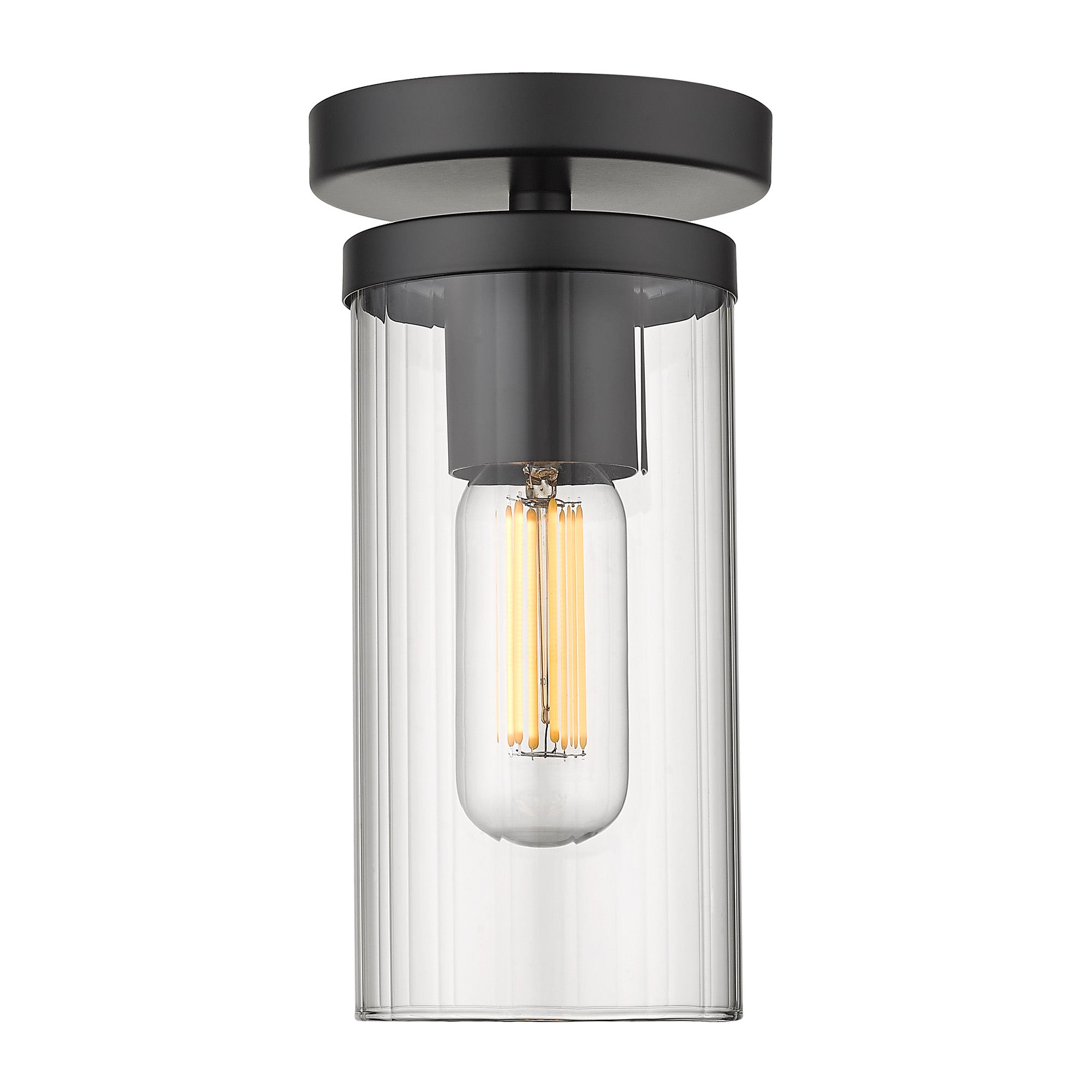 Winslett Semi-Flush in Matte Black with Ribbed Clear Glass Shade - Matte Black / Ribbed Clear Glass / Clear - Golden Lighting