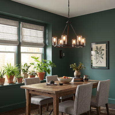 Monroe 6-light Chandelier in Matte Black, AI-visualized breakfast nook scene - Golden Lighting