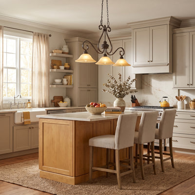 Mayfair 3-light Pendant in Leather Crackle, AI-visualized dining room scene - Golden Lighting