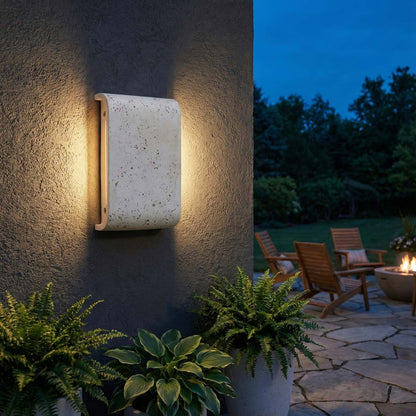 Golden Lighting Stela Integrated LED 9in Outdoor Wall in White Travertine - - Golden Lighting