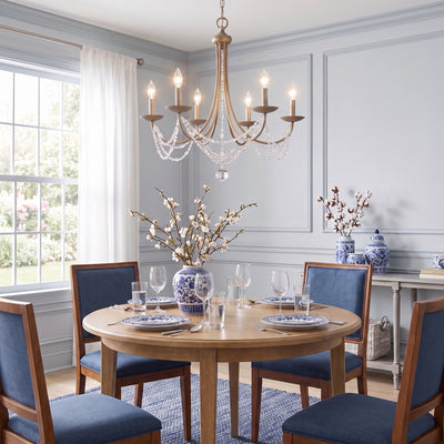 Mirabella 6-light Chandelier in Golden Aura, AI-visualized dining room scene - Golden Lighting