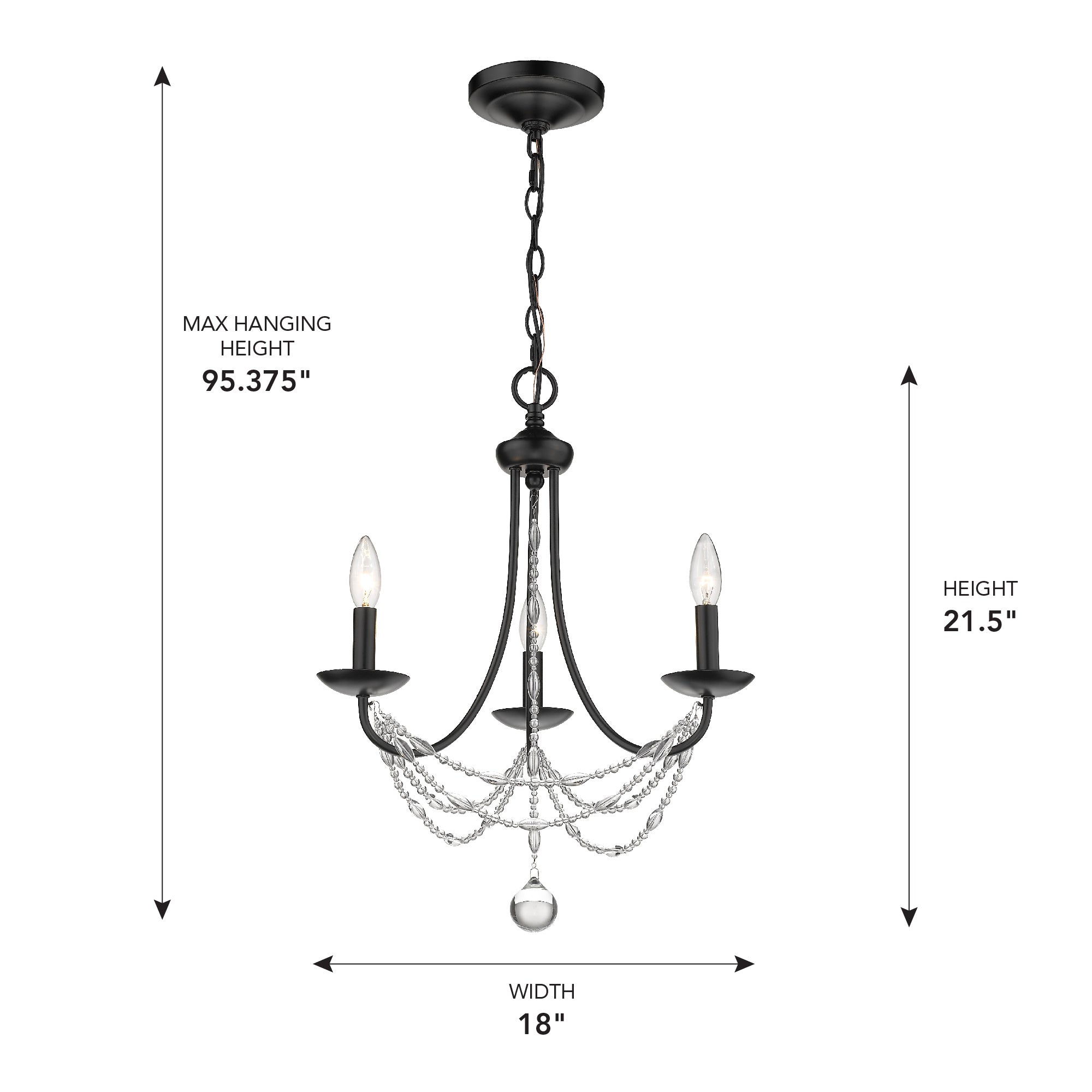 Golden Lighting Mirabella 3-light Chandelier in Matte Black - - Golden Lighting