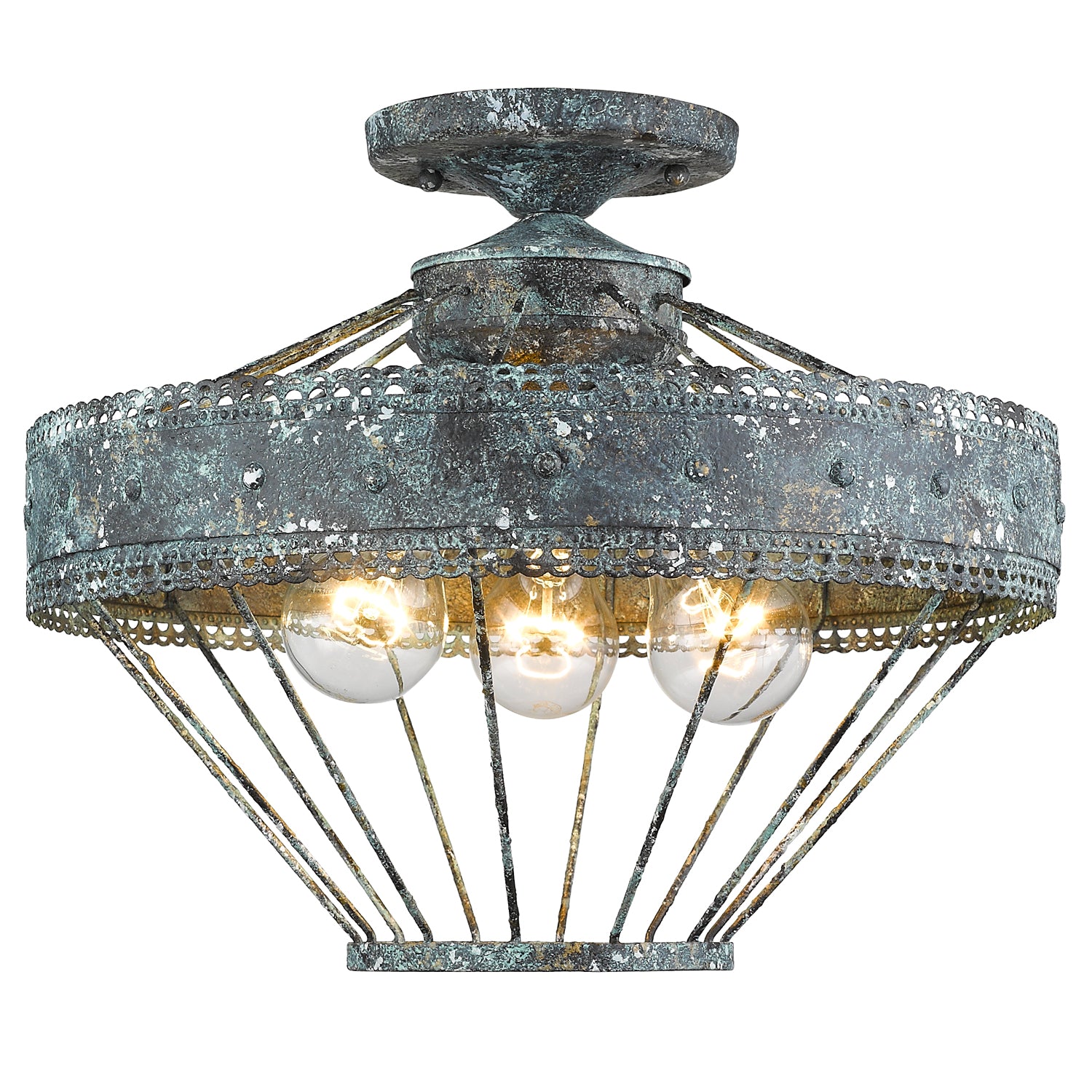Wry Lighting Ferris 3-light Semi-Flush Mount in Blue Verde Patina - - Golden Lighting
