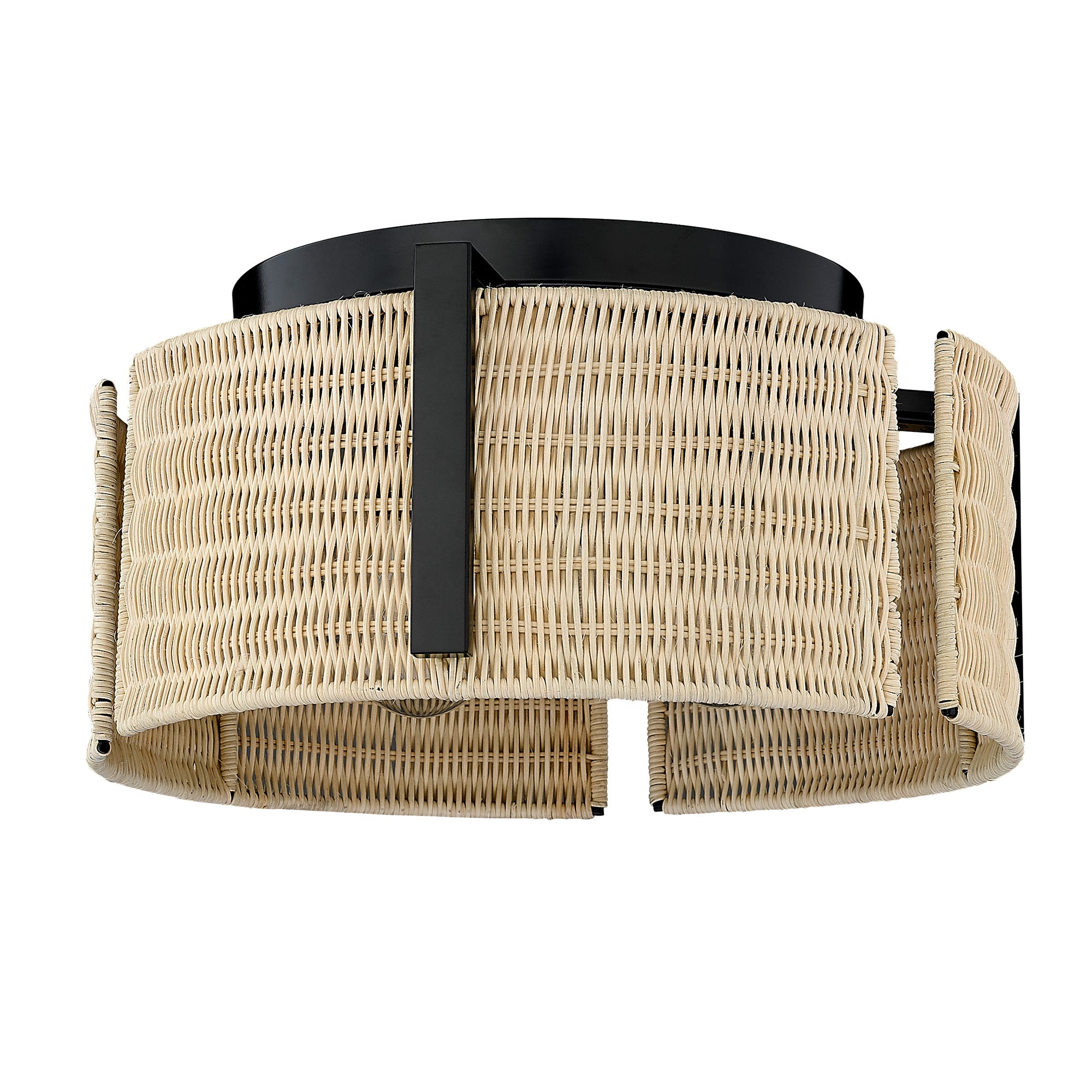 Grove 3 Light Flush Mount in Matte Black with Natural Wicker Shade - - Golden Lighting