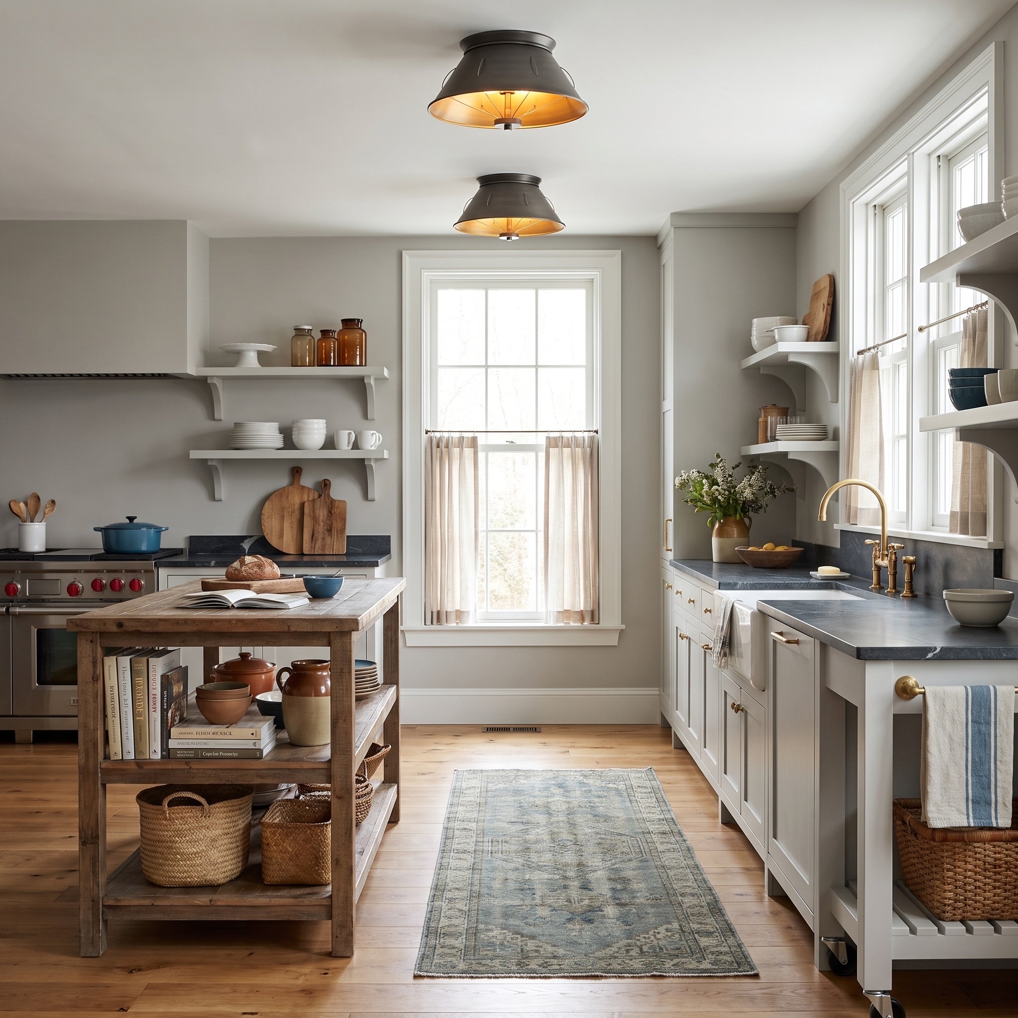 Whitaker 2-light Flush Mount in Aged Steel, AI-visualized kitchen scene - Golden Lighting