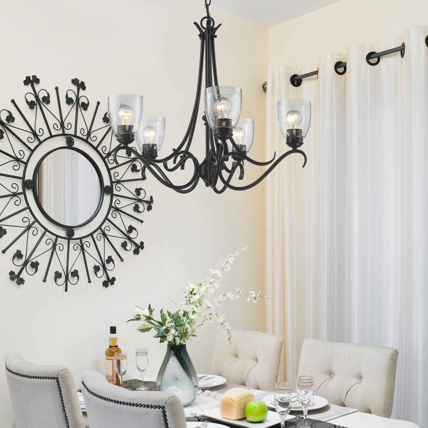 Parrish 5 Light Chandelier in Matte Black with Seeded Glass - Default Title - Golden Lighting