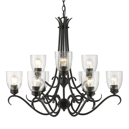 Parrish 9 Light Chandelier in Matte Black with Seeded Glass - - Golden Lighting