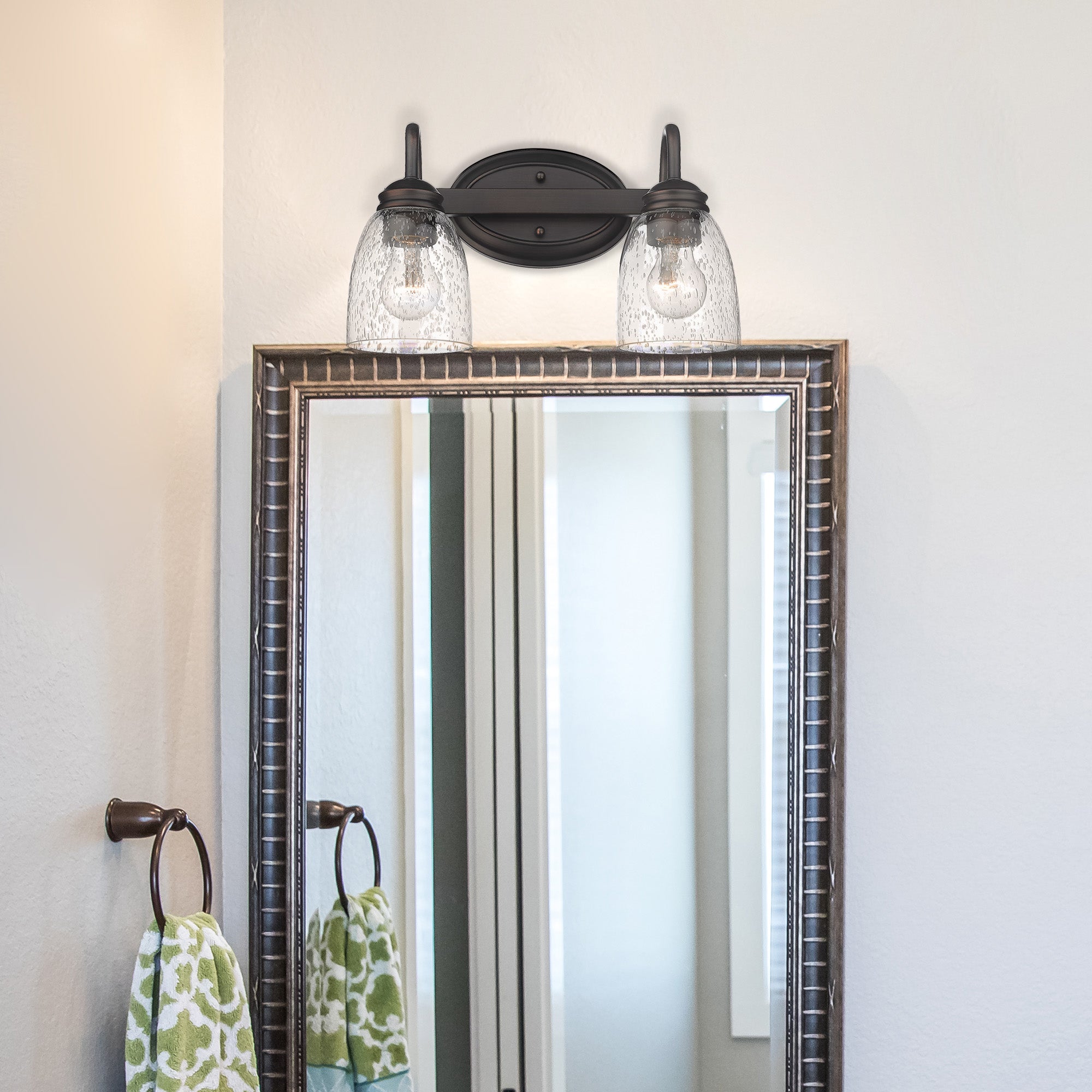 Parrish RBZ 2 Light Bath Vanity in Rubbed Bronze with Seeded Glass Shade - Default Title - Golden Lighting