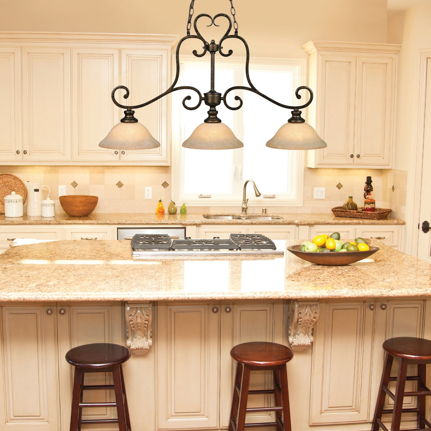Heartwood 3-light Pendant in Burnt Sienna, shown in a room setting - Golden Lighting
