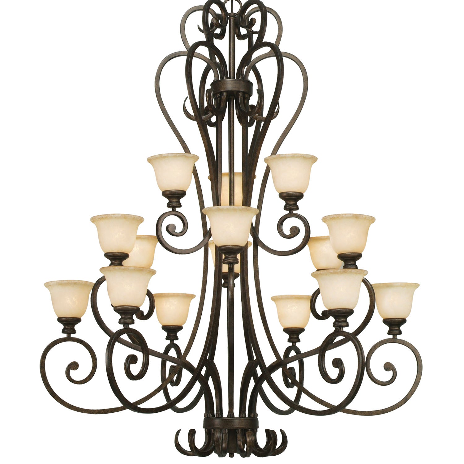 Heartwood 3 Tier - 15 Light Chandelier in Burnt Sienna with Tea Stone Glass - - Golden Lighting