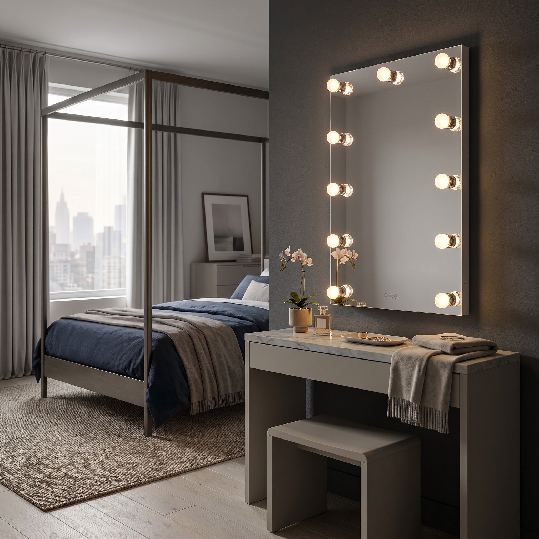 Starlight 24" LED Mirror with Clear Acrylic Globe diffusers, AI-visualized bedroom scene - Golden Lighting
