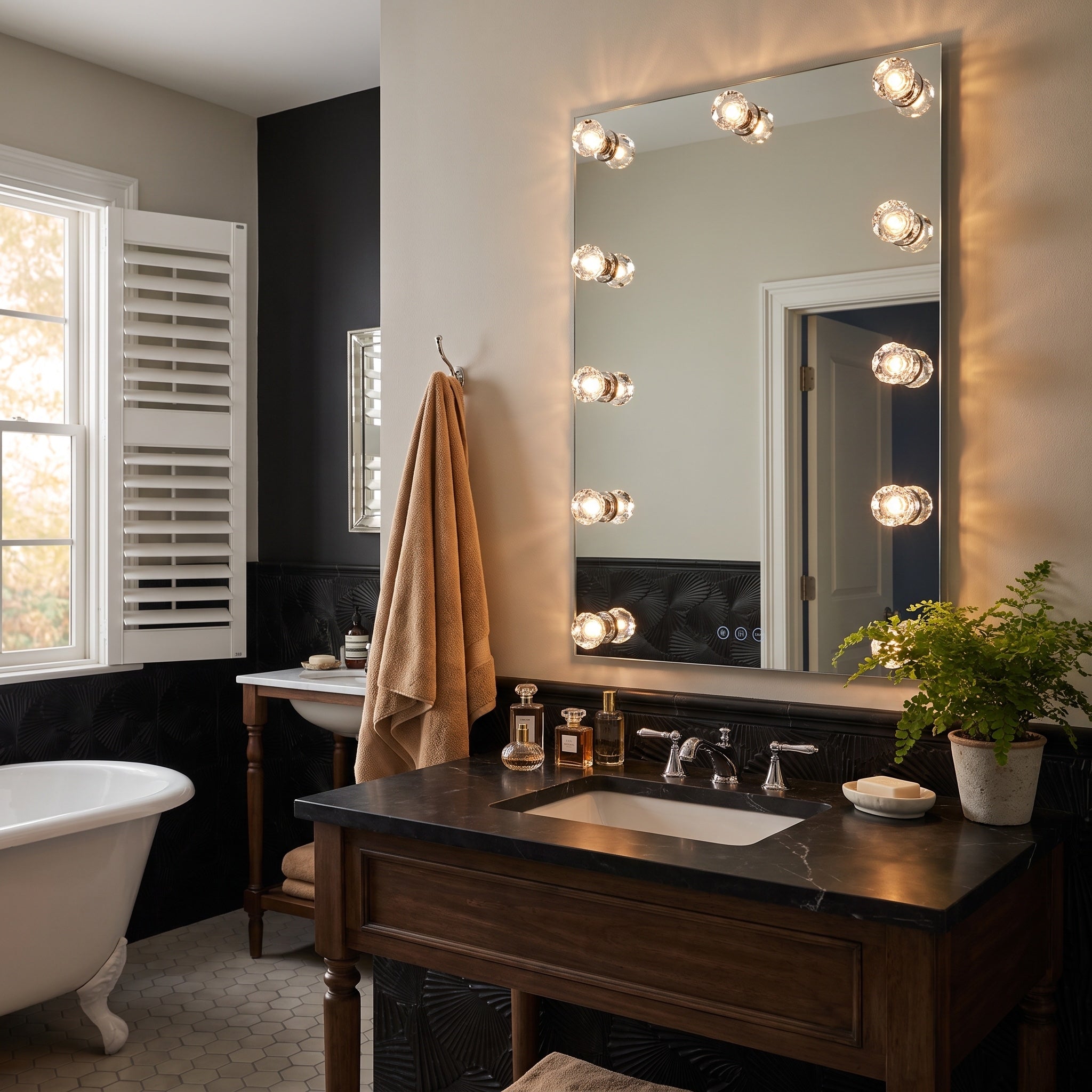 Starlight 24" LED Mirror with Cut Crystal diffusers, AI-visualized bathroom scene - Golden Lighting