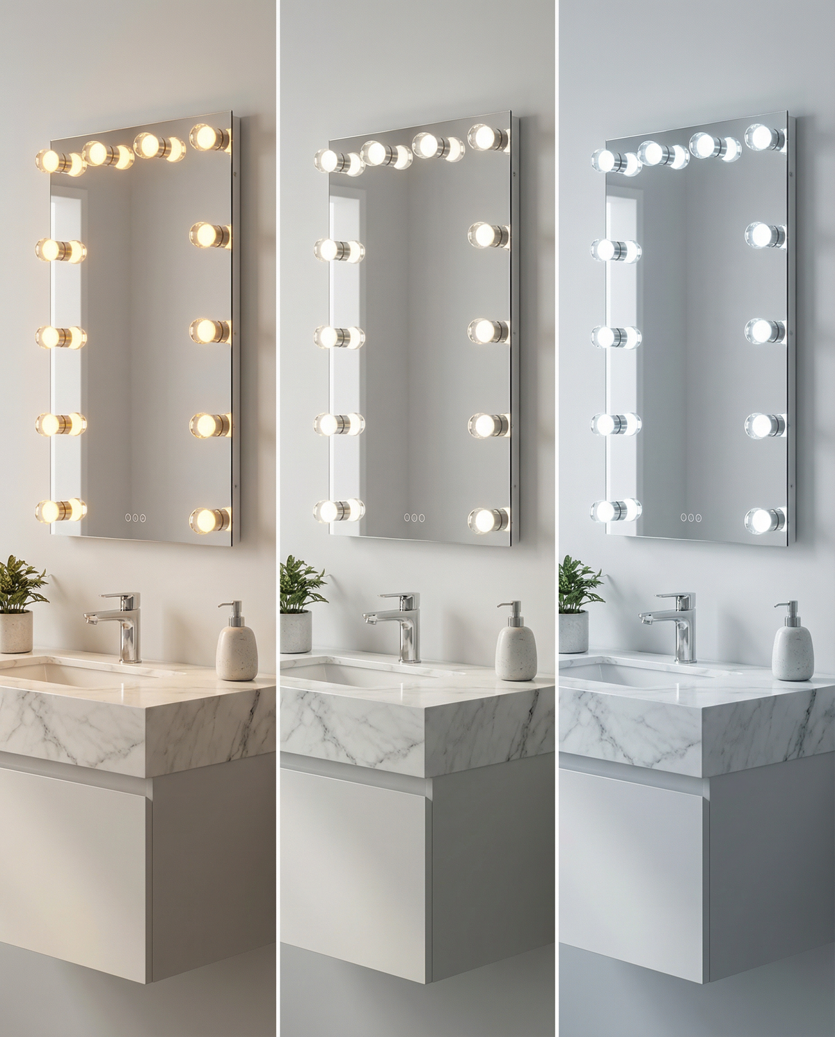 Starlight 30" LED Vanity Mirror shown in 3 CCT lighting. Comparing 3000k/4500k/6400k lighting scenarios.