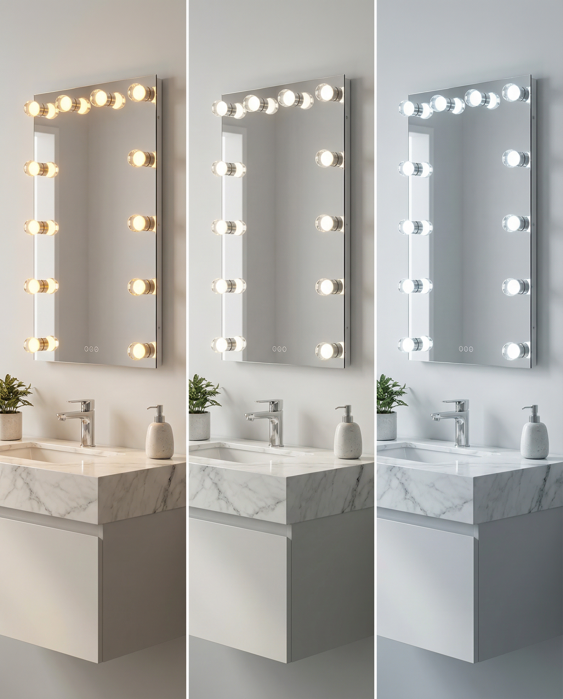 Starlight 30" LED Vanity Mirror shown in 3 CCT lighting. Comparing 3000k/4500k/6400k lighting scenarios.