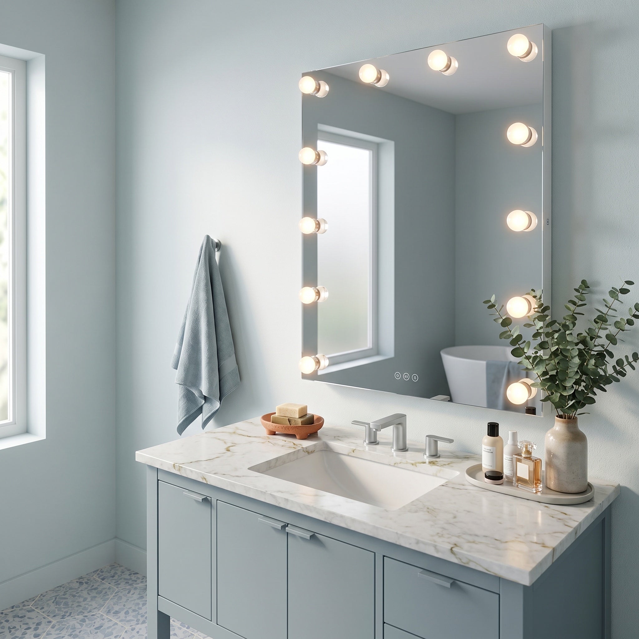Starlight 30" LED Mirror with Clear Acrylic Globe diffusers, AI-visualized bathroom scene - Golden Lighting