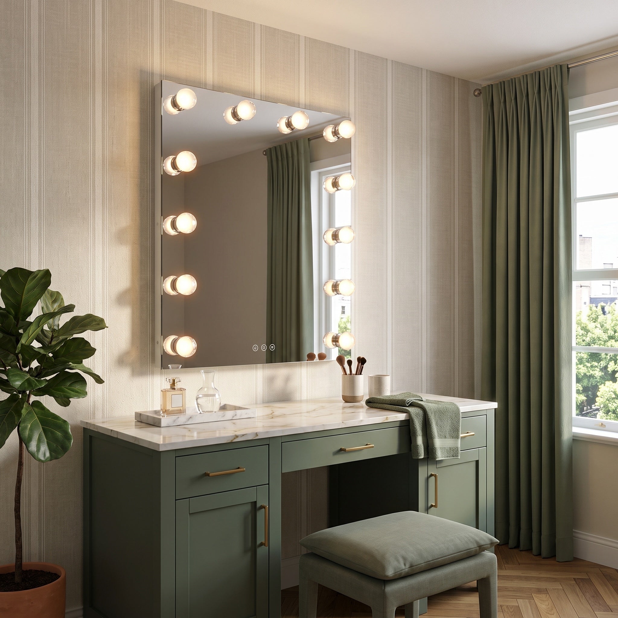 Starlight 30" LED Mirror with Clear Acrylic Globe diffusers, AI-visualized bedroom scene - Golden Lighting