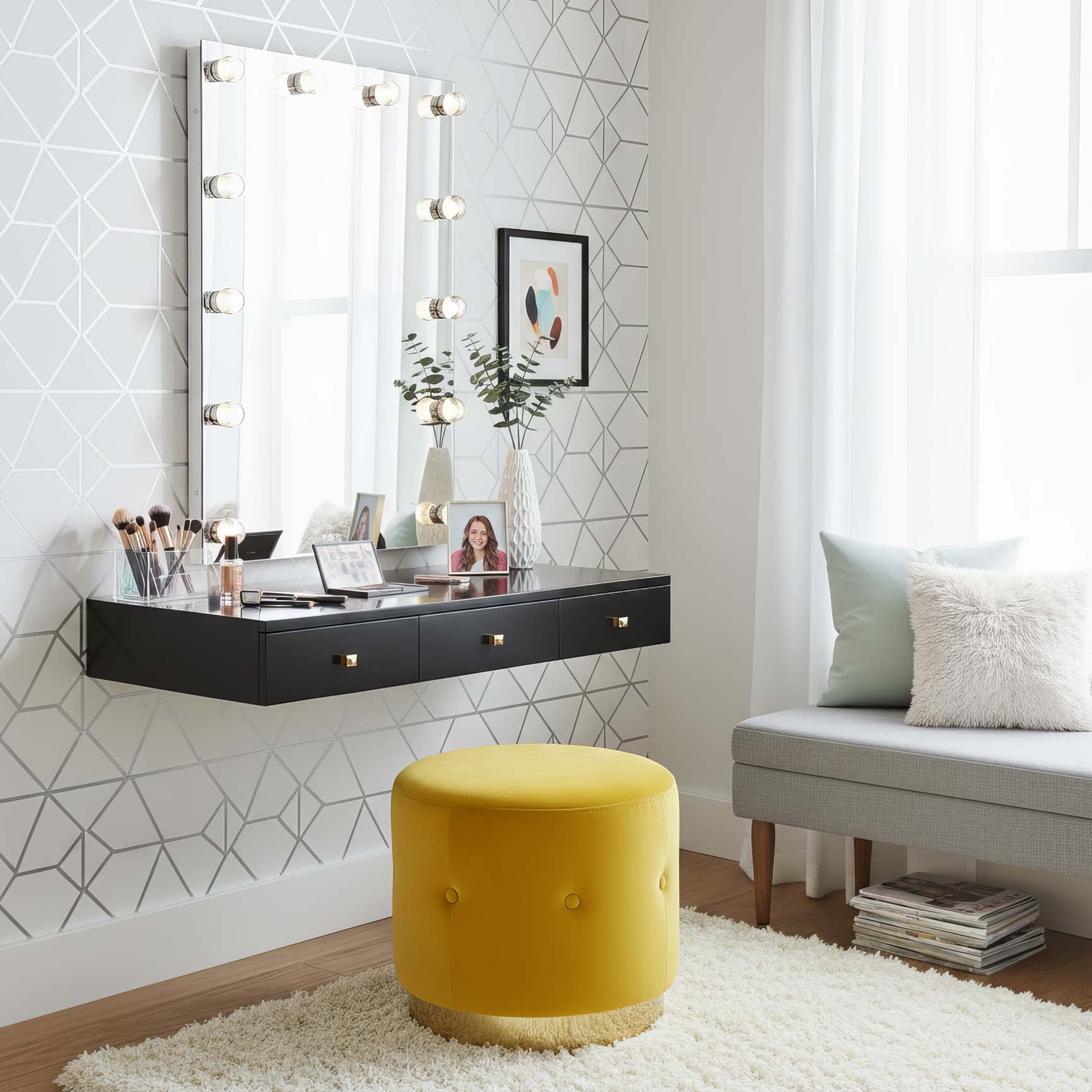 Modern room with vanity table, mirror, and yellow stool featuring the 30" Starlight Mirror with Glass Globe Diffusers from Yep by Golden Lighting.