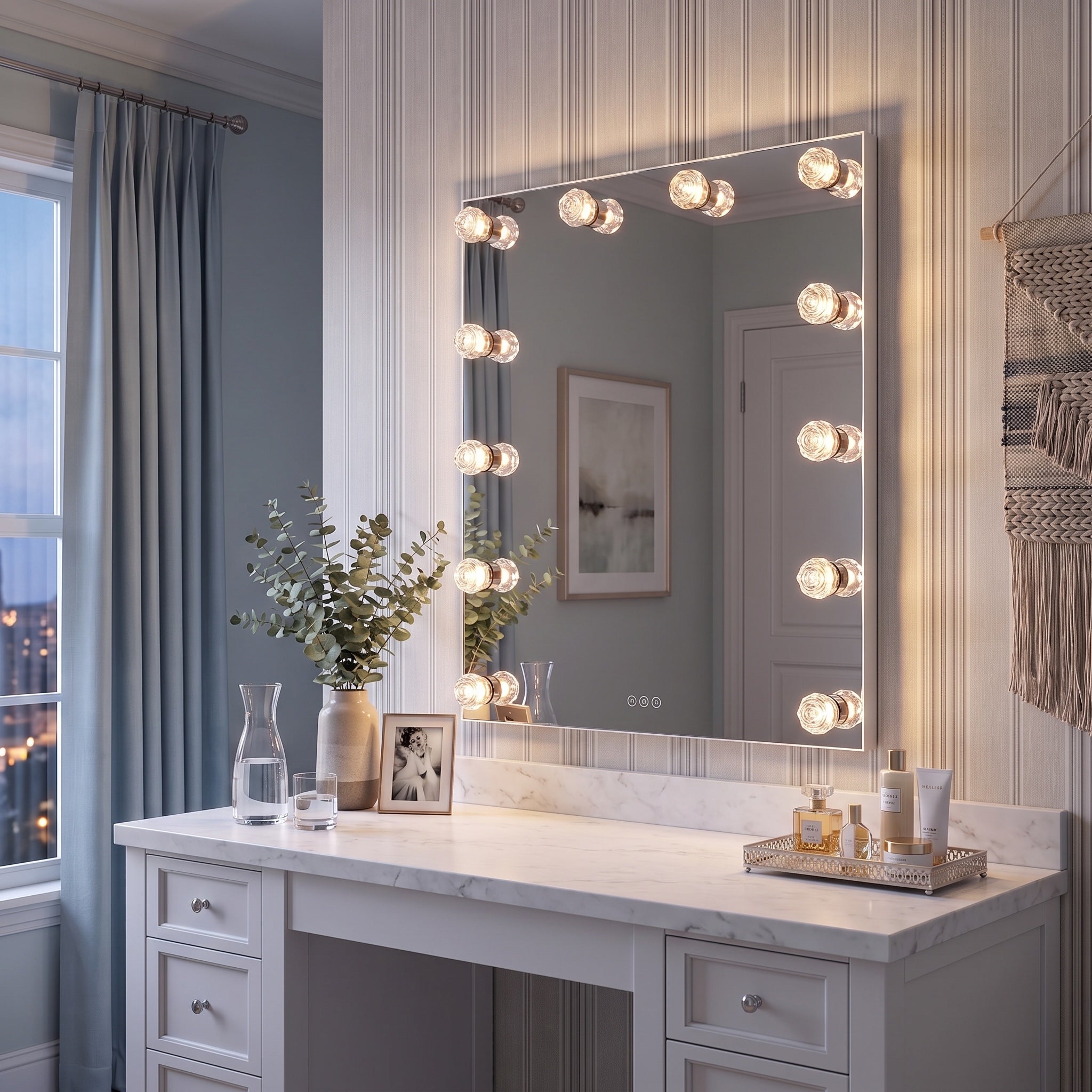 Starlight 12-light Mirror in Matte White, AI-visualized bedroom scene - Golden Lighting