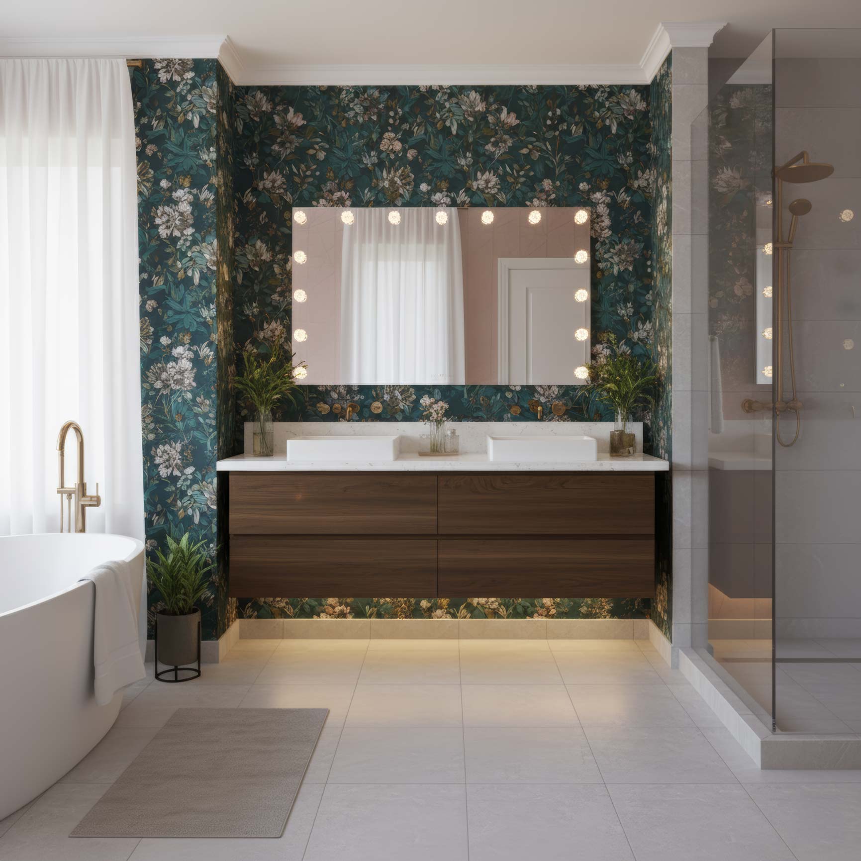 Starlight 48" Mirror shown mounted in a Modern bathroom with floral wallpaper, wooden vanity, and white fixtures. It features the Clear Acrylic Rose Diffusers. 