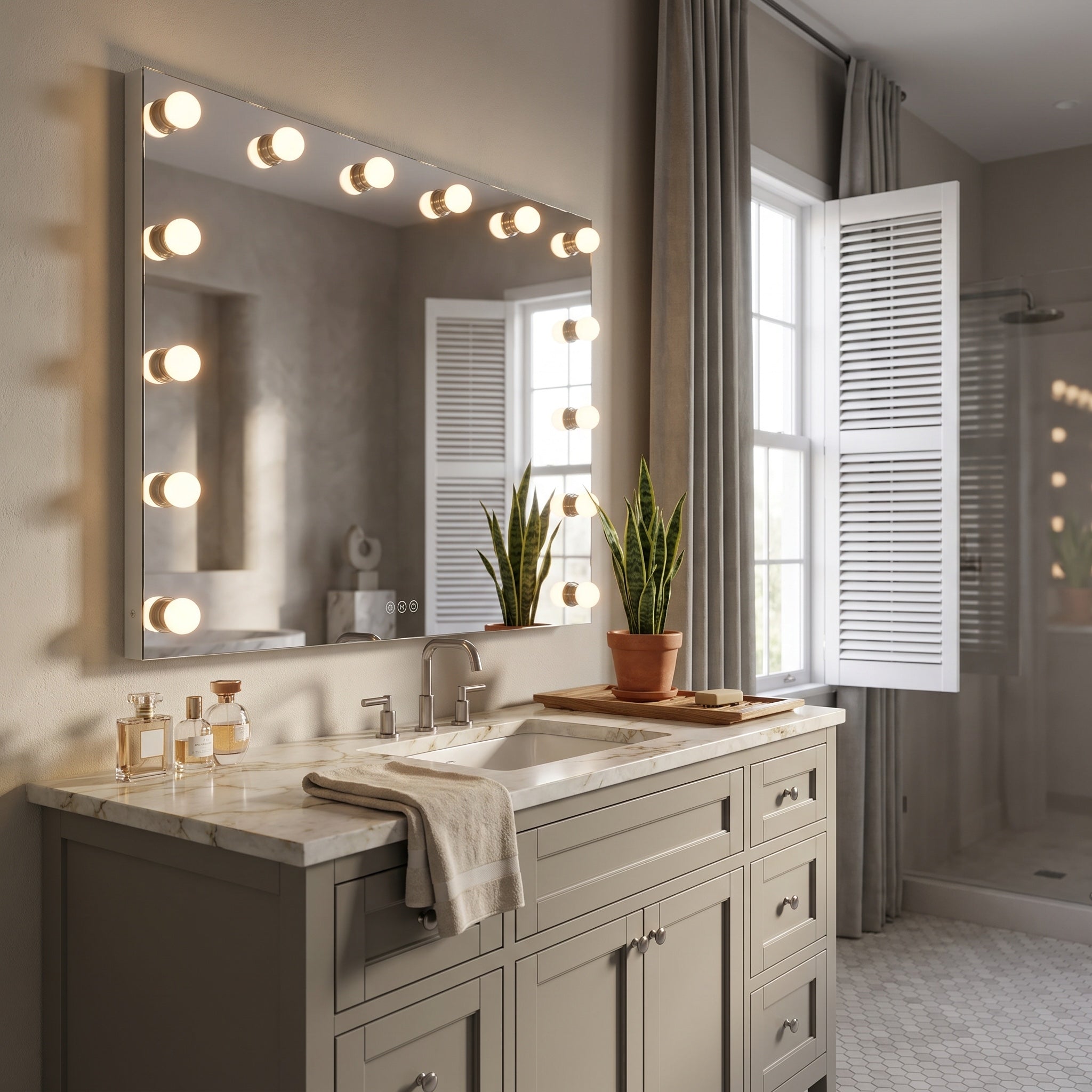 Starlight 48" LED Mirror with Clear Acrylic Globe diffusers, AI-visualized bathroom scene - Golden Lighting