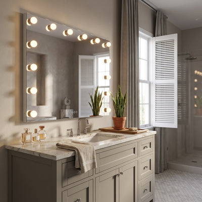 Starlight 48" LED Mirror with Clear Acrylic Globe diffusers, AI-visualized bathroom scene - Golden Lighting