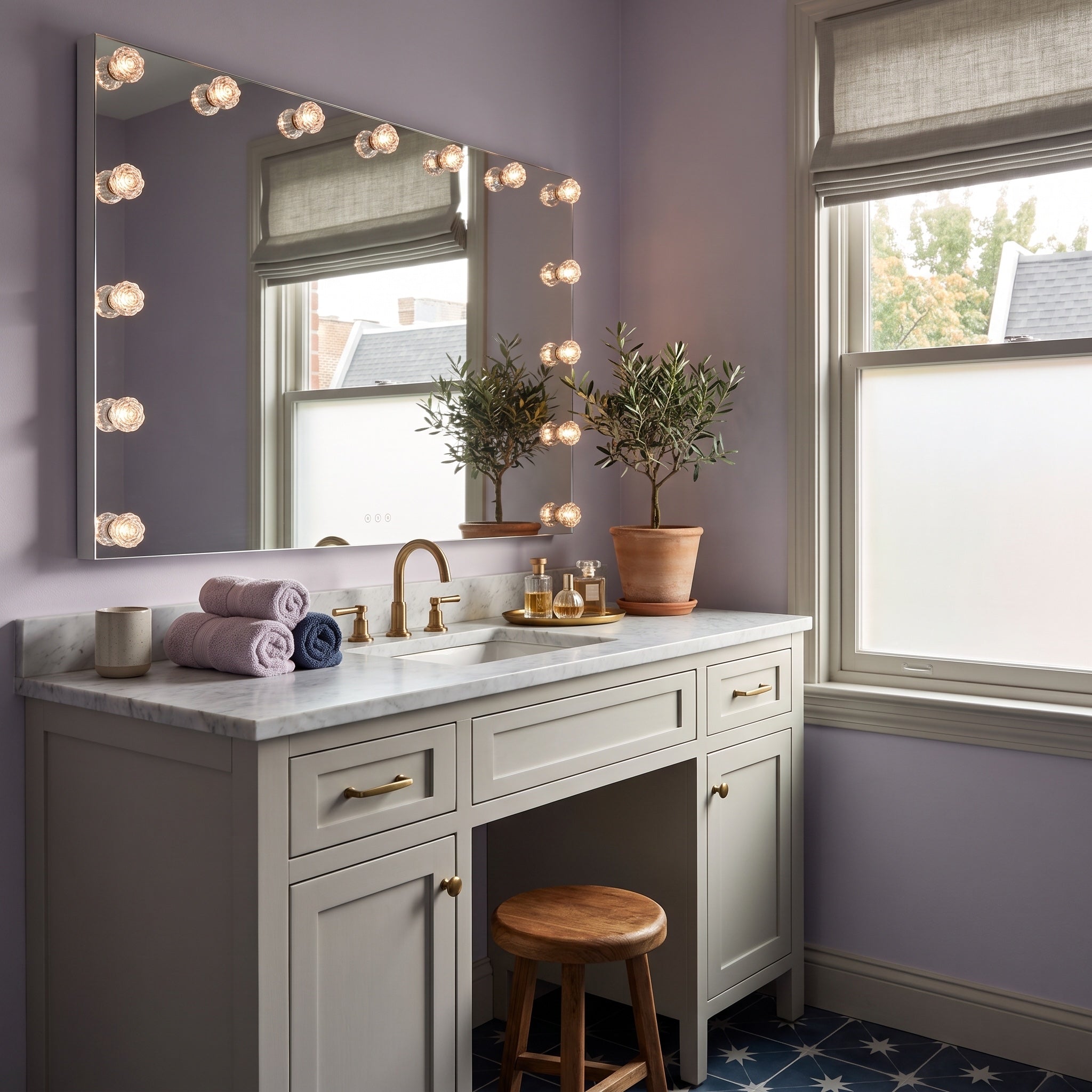 Starlight 48" LED Mirror with Clear Glass Rose diffusers, AI-visualized bathroom scene - Golden Lighting