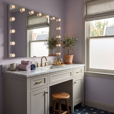 Starlight 48" LED Mirror with Clear Glass Rose diffusers, AI-visualized bathroom scene - Golden Lighting