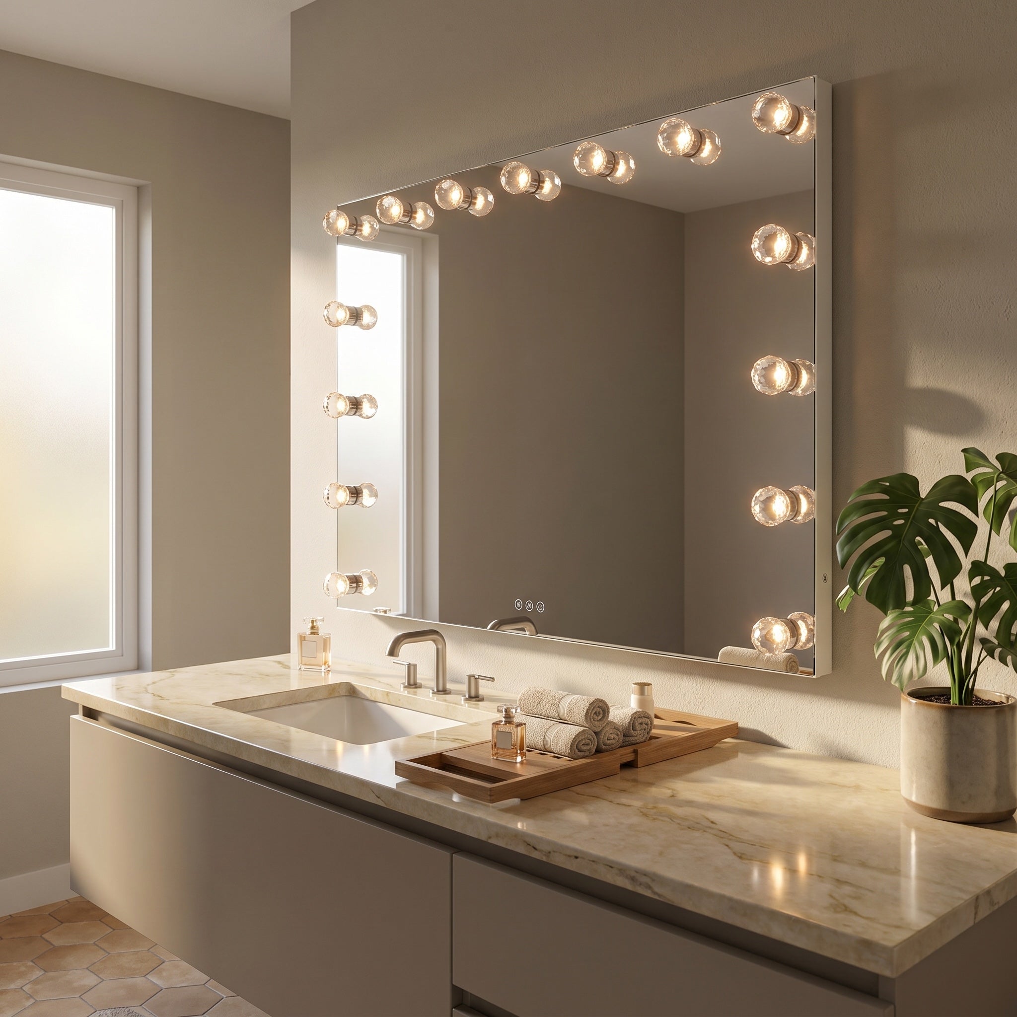 Starlight 48" LED Mirror with Cut Crystal diffusers, AI-visualized bathroom scene - Golden Lighting