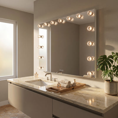 Starlight 48" LED Mirror with Cut Crystal diffusers, AI-visualized bathroom scene - Golden Lighting
