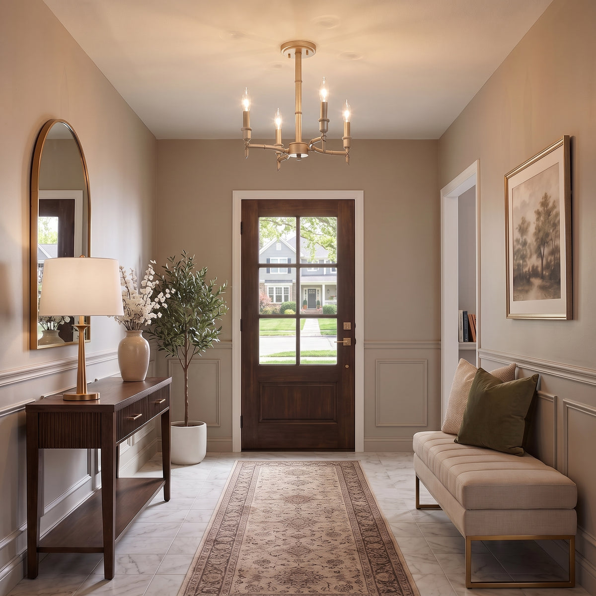 Cambay 4-light Semi-Flush Mount in White Gold, AI-visualized foyer scene - Golden Lighting