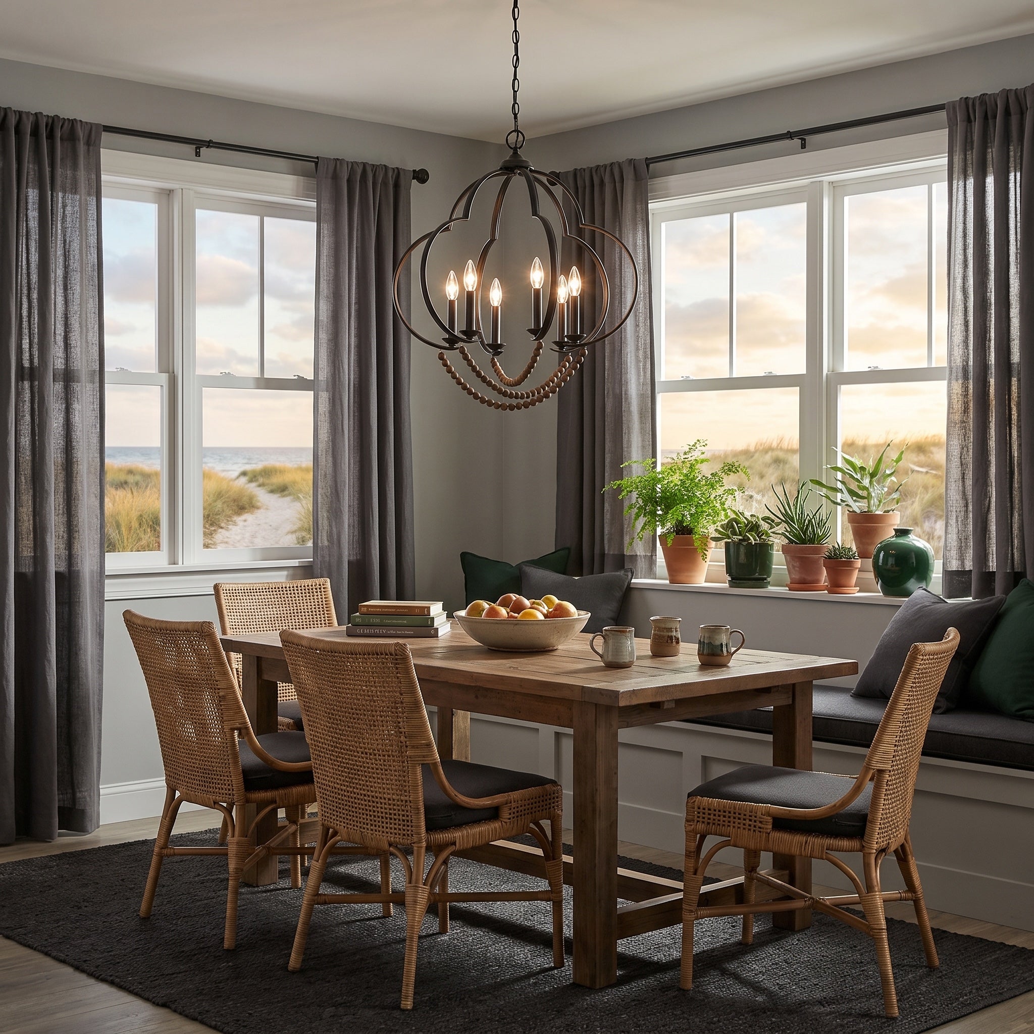 Flori 6-light Pendant in Matte Black, AI-visualized room scene - Golden Lighting