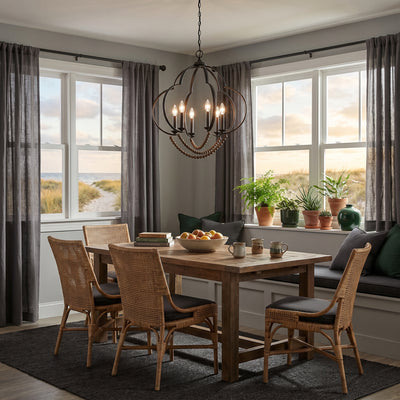 Flori 6-light Pendant in Matte Black, AI-visualized room scene - Golden Lighting