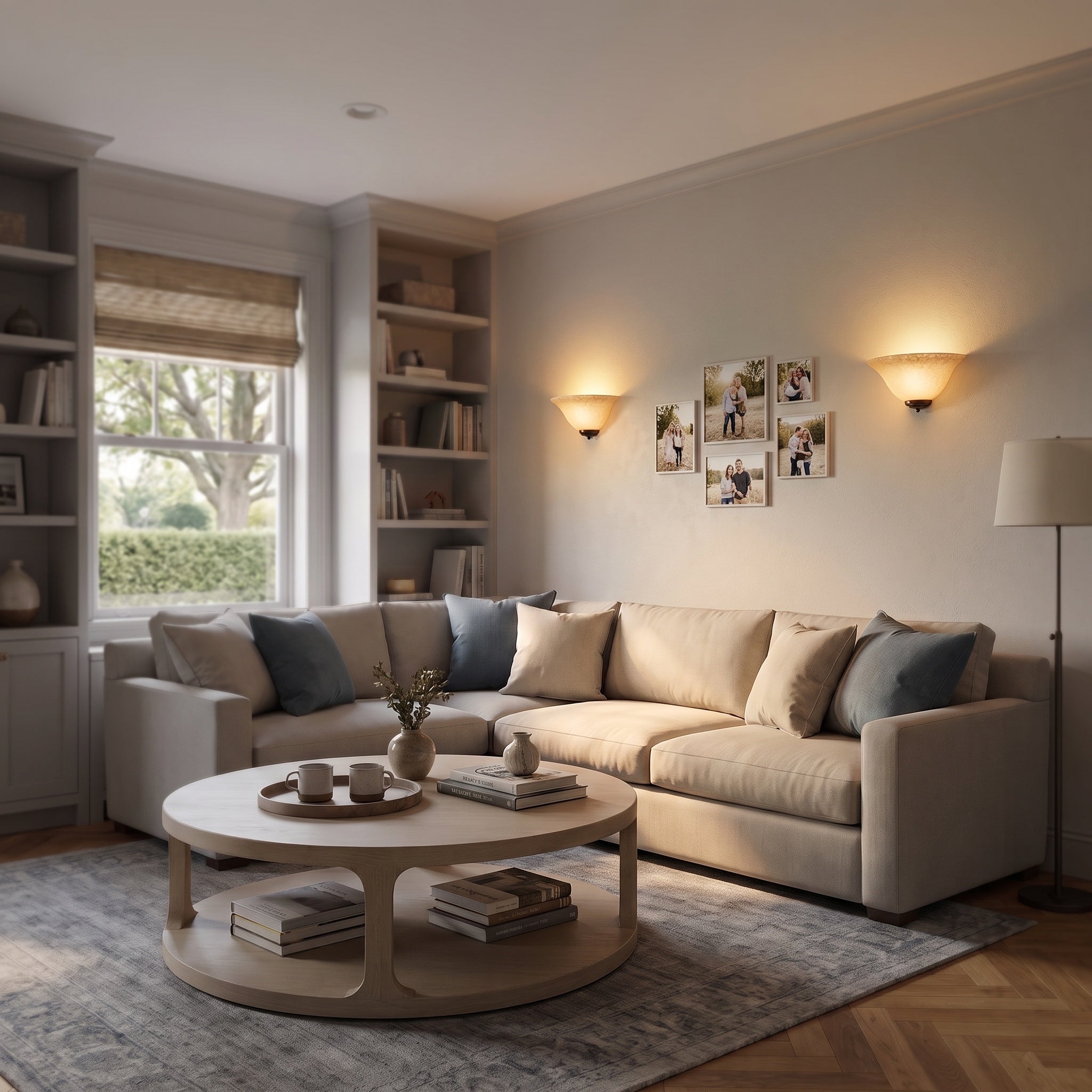 Bella 1-light Wall Sconce in Rubbed Bronze, AI-visualized living room scene - Golden Lighting