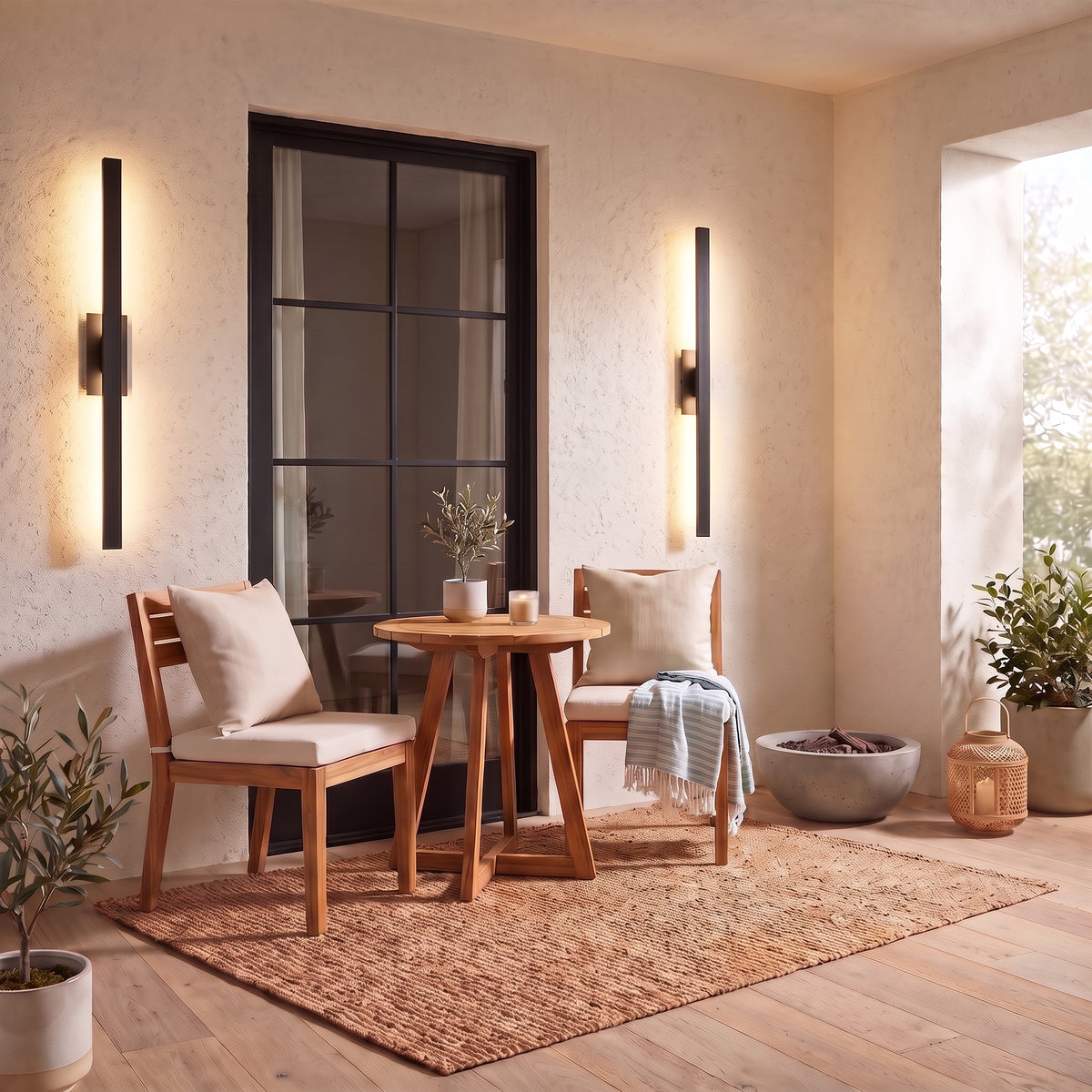 Enso 1-light Outdoor Wall in Textured Black, AI-visualized porch scene - Golden Lighting