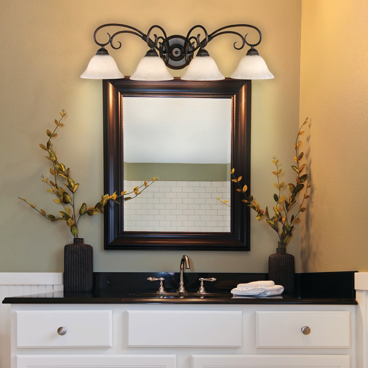 Homestead 4 Light Bath Vanity in Rubbed Bronze with Tea Stone Glass - Incandescent,Type A / 4 x 100W(M) / 32"L x 9"H x 10"E - Golden Lighting