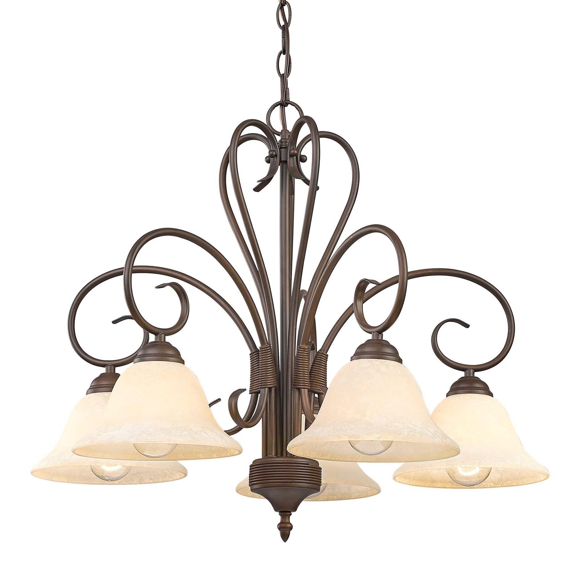 Homestead 5 Light Nook Chandelier in Rubbed Bronze with Tea Stone Glass - Rubbed Bronze / Tea Stone Glass / Beige - Golden Lighting