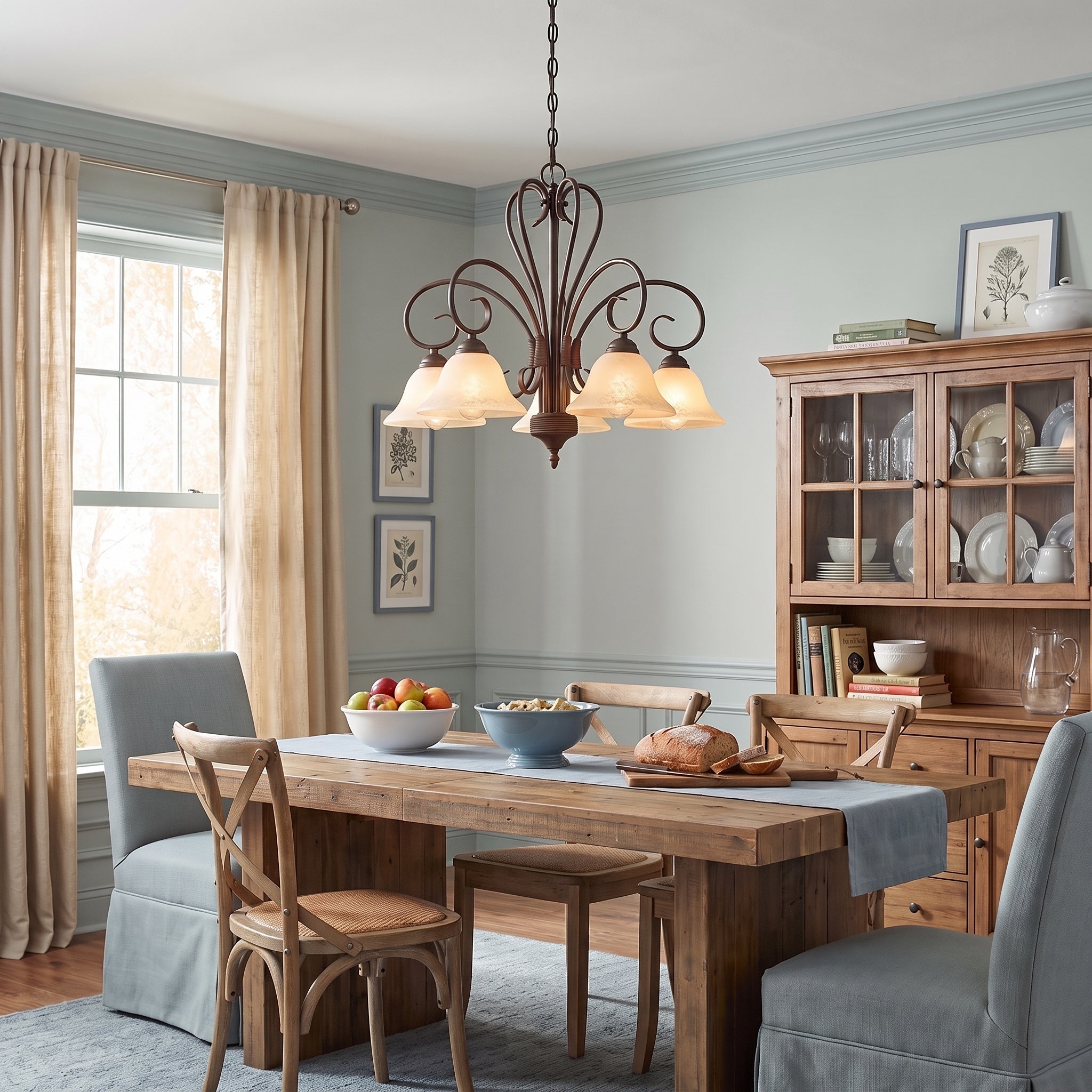 Homestead 5-light Chandelier in Rubbed Bronze, AI-visualized dining room scene - Golden Lighting