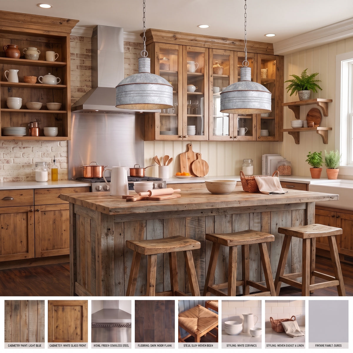 Tinsmith 1-light Pendant in Aged Galvanized Steel, AI-visualized kitchen scene - Golden Lighting