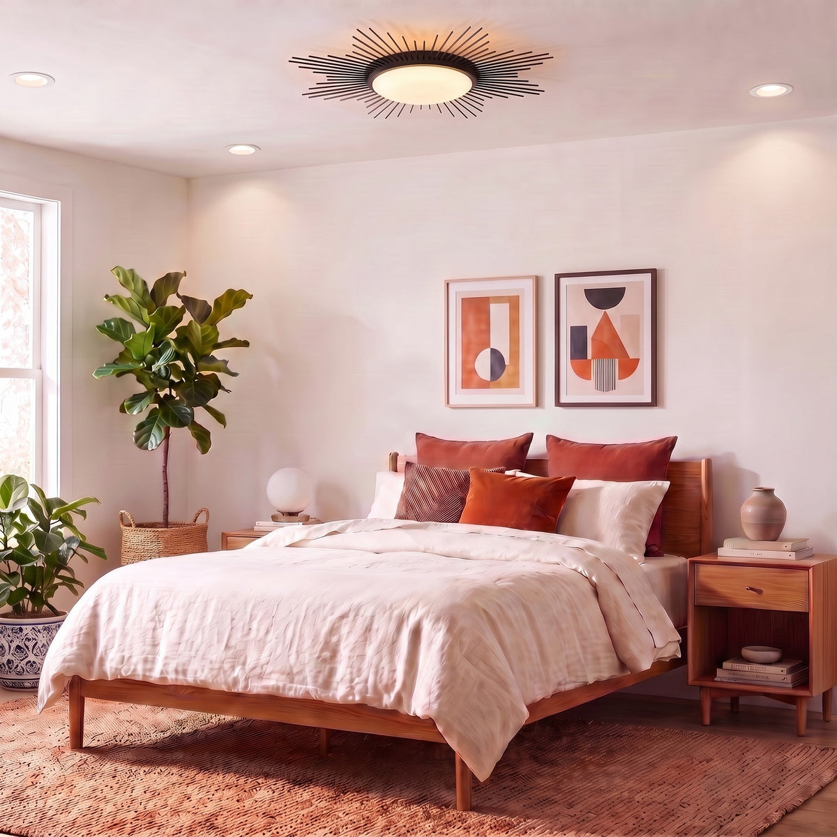 Kieran 1-light Flush Mount in Matte Black, AI-visualized hallway scene - Golden Lighting