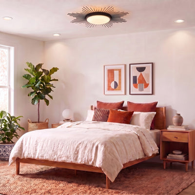 Kieran 1-light Flush Mount in Matte Black, AI-visualized hallway scene - Golden Lighting