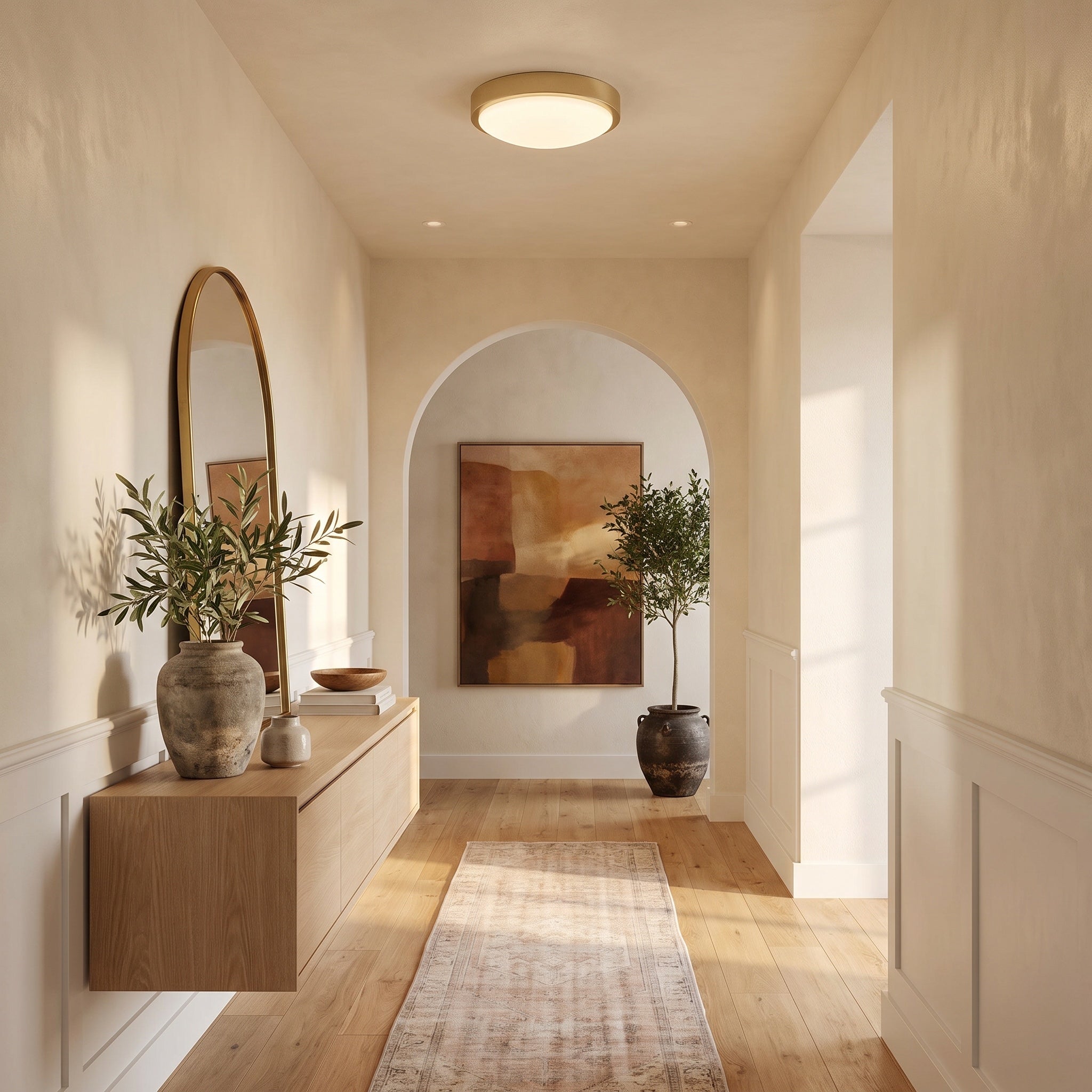 Gabi Integrated LED 10in Flush Mount in Brushed Champagne Brass, AI-visualized hallway scene - Golden Lighting