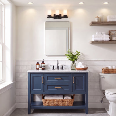 Maddox 3-light Vanity in Matte Black, AI-visualized bathroom scene - Golden Lighting