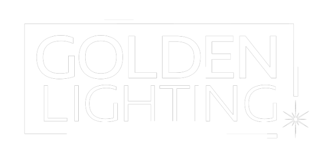 Text 'GOLDEN LIGHTING' in a decorative frame on a white background