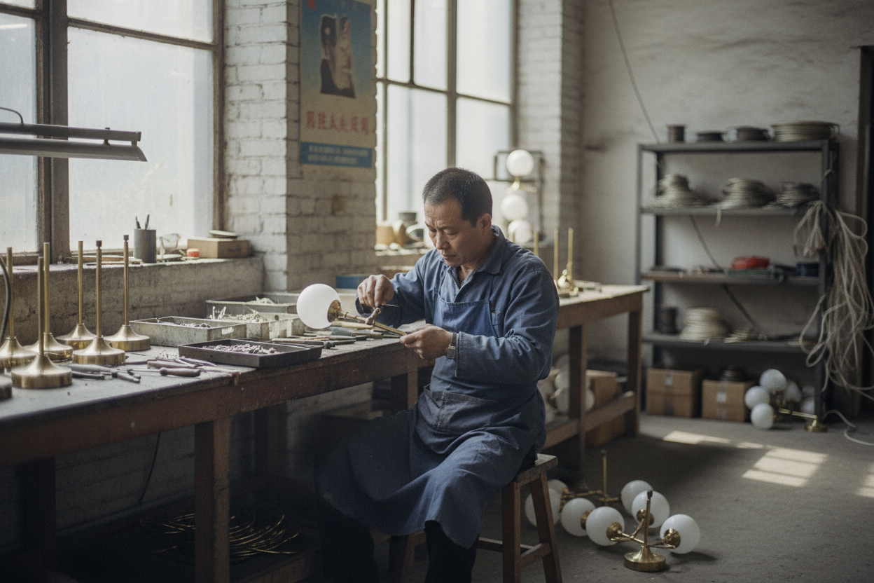 a single craftsman making a light fixture in a factory in china, 1990s