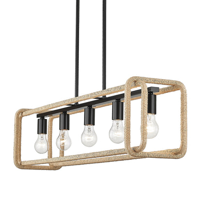 Camden Linear Pendant - Matte Black / Natural Raphia Rope - Golden Lighting