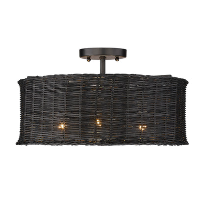 Erma 3 Light Semi-Flush - Matte Black and Black Wicker - Golden Lighting