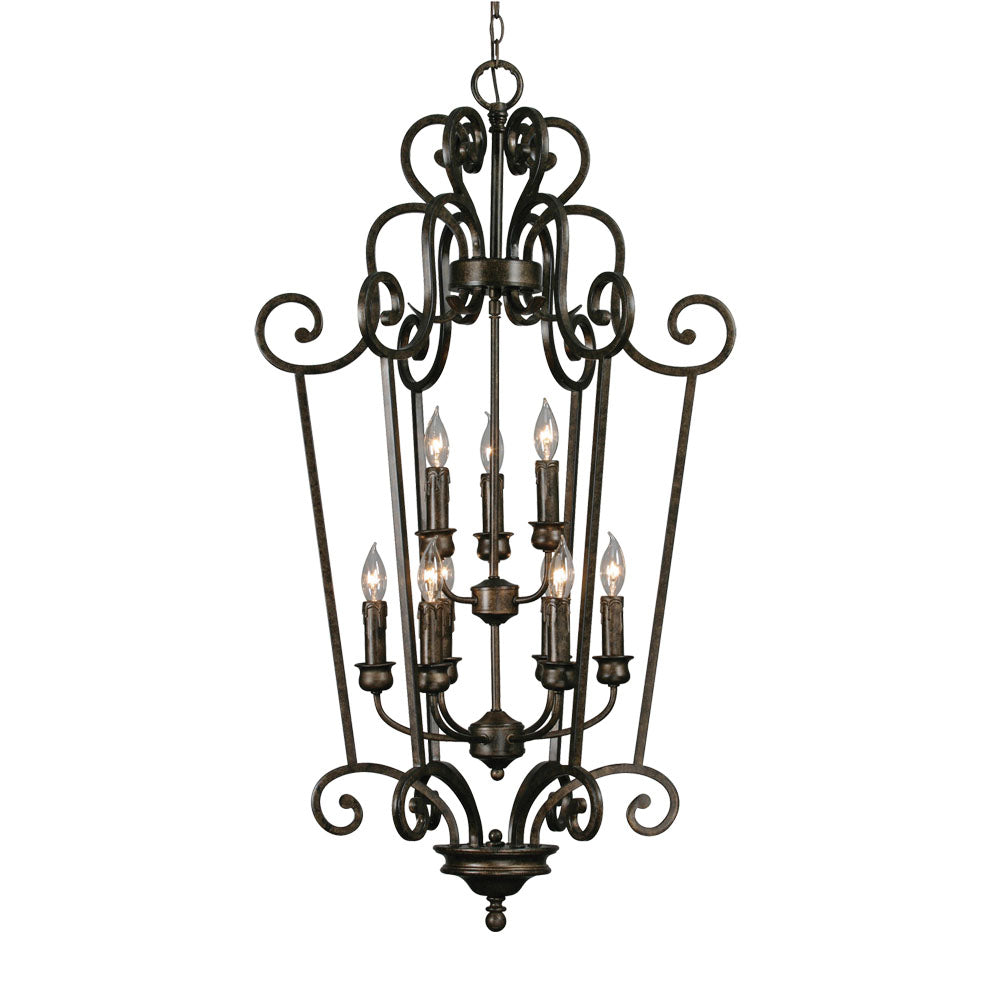 Heartwood 2 Tier - 9 Light Caged Foyer - Burnt Sienna / Drip Candlesticks - Golden Lighting