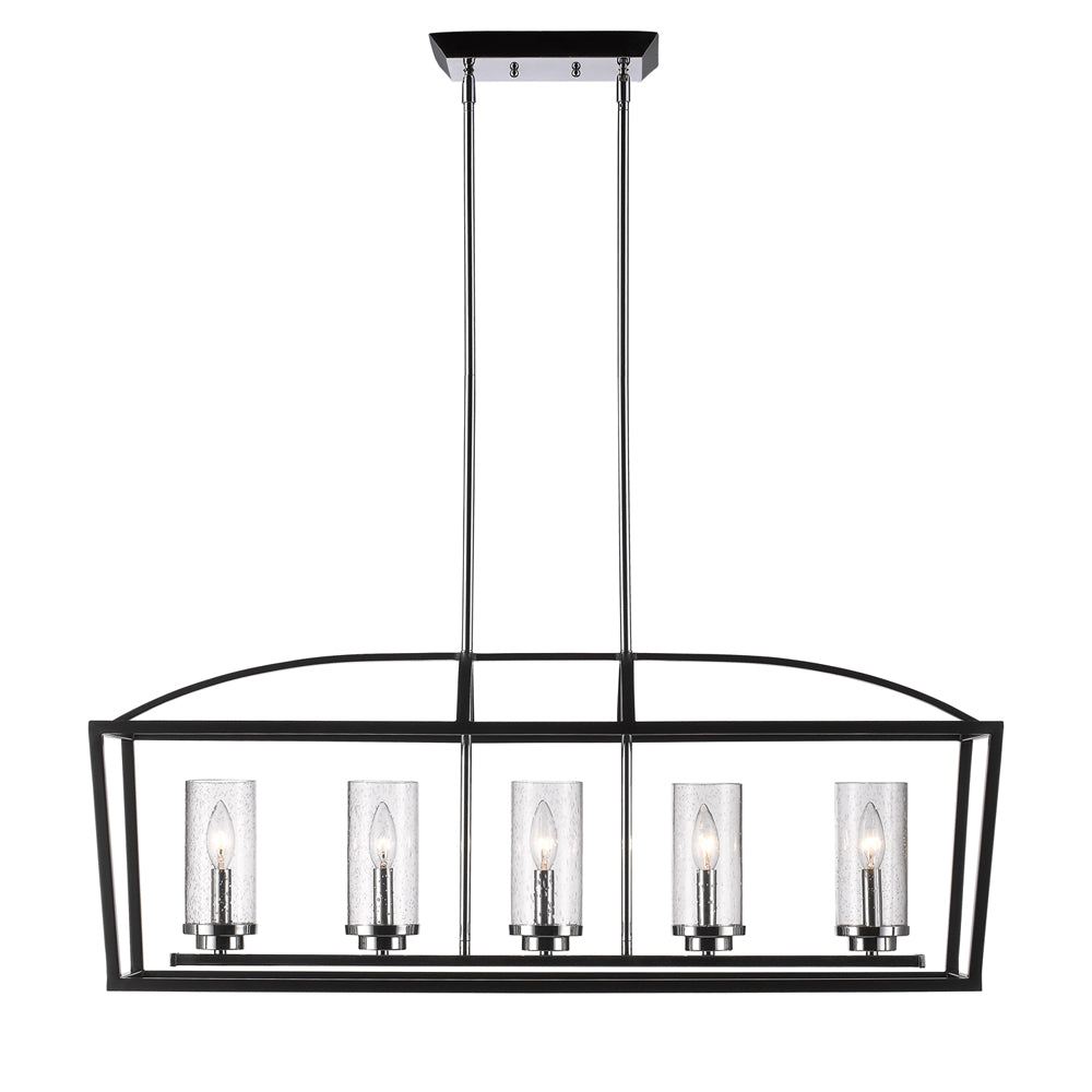 Mercer 5 Light Linear Pendant - Matte Black / Seeded Glass / Chrome - Golden Lighting