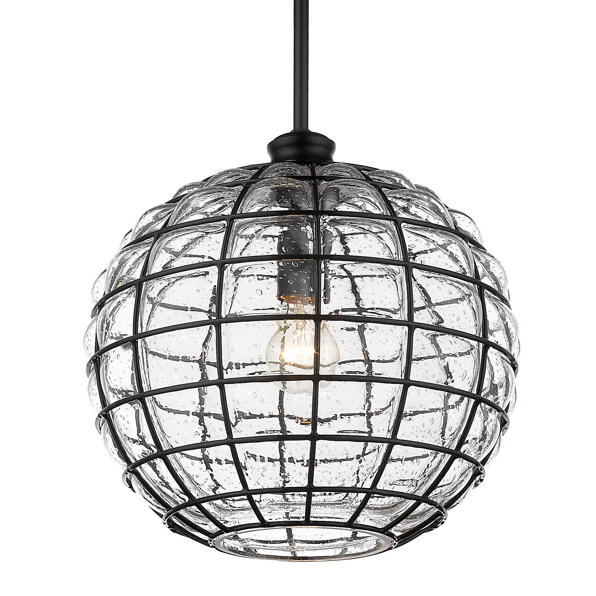 Powell Medium Pendant - Matte Black / Seeded Glass - Golden Lighting