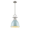 Duncan Small Pendant with Rod - Pewter / Seafoam Shade - Golden Lighting